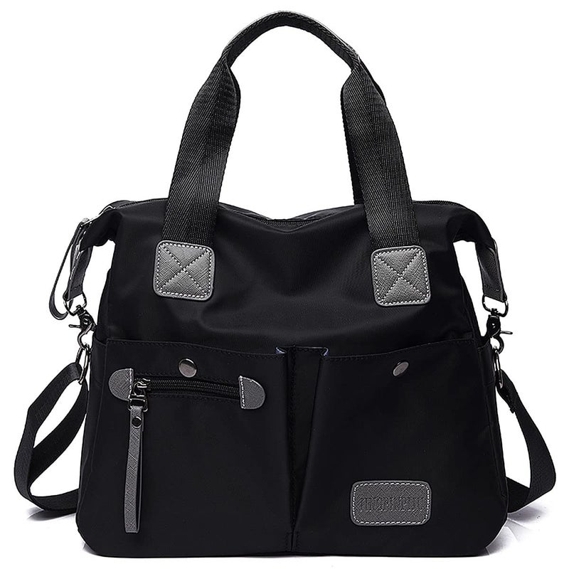YouNuo Women's Tote Bag with Multiple Pockets & Zipper, Black 1, Nylon, 13"L x 11.8"H x 5.1"D, 6"-drop dual handles, Detachable adjustable shoulder strap included - Image 1